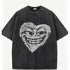 Edgy Graffiti Heart Face Washed Black Tees Evil Smiling Winking and Angry Prints for Grunge Oversized T Shirt