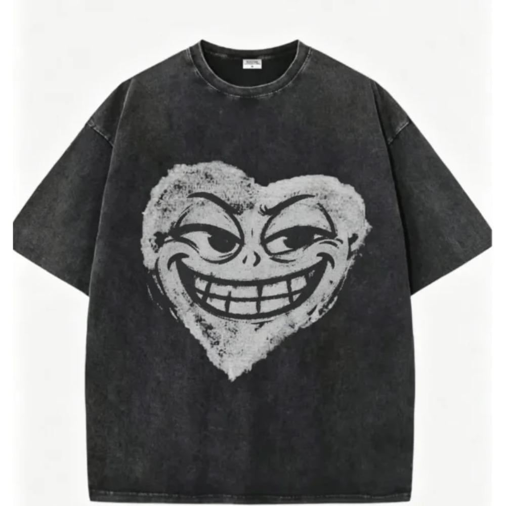 Edgy Graffiti Heart Face Washed Black Tees Evil Smiling Winking and Angry Prints for Grunge Oversized T Shirt