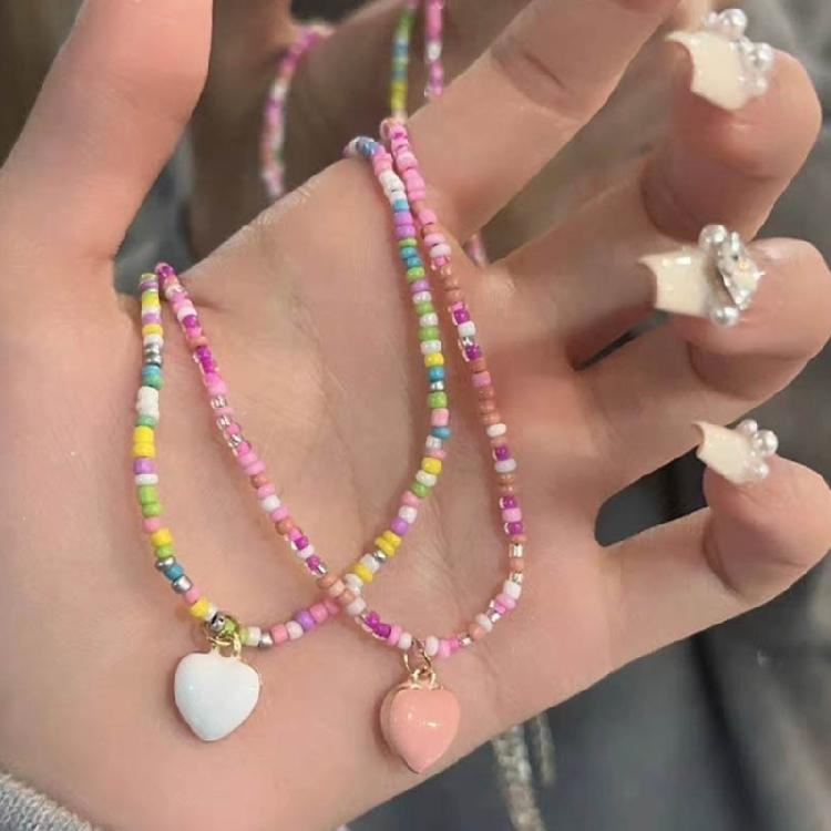 Heart Pendant Beaded Necklace Bohemian Style Chokers Contrast Colored Jewelry