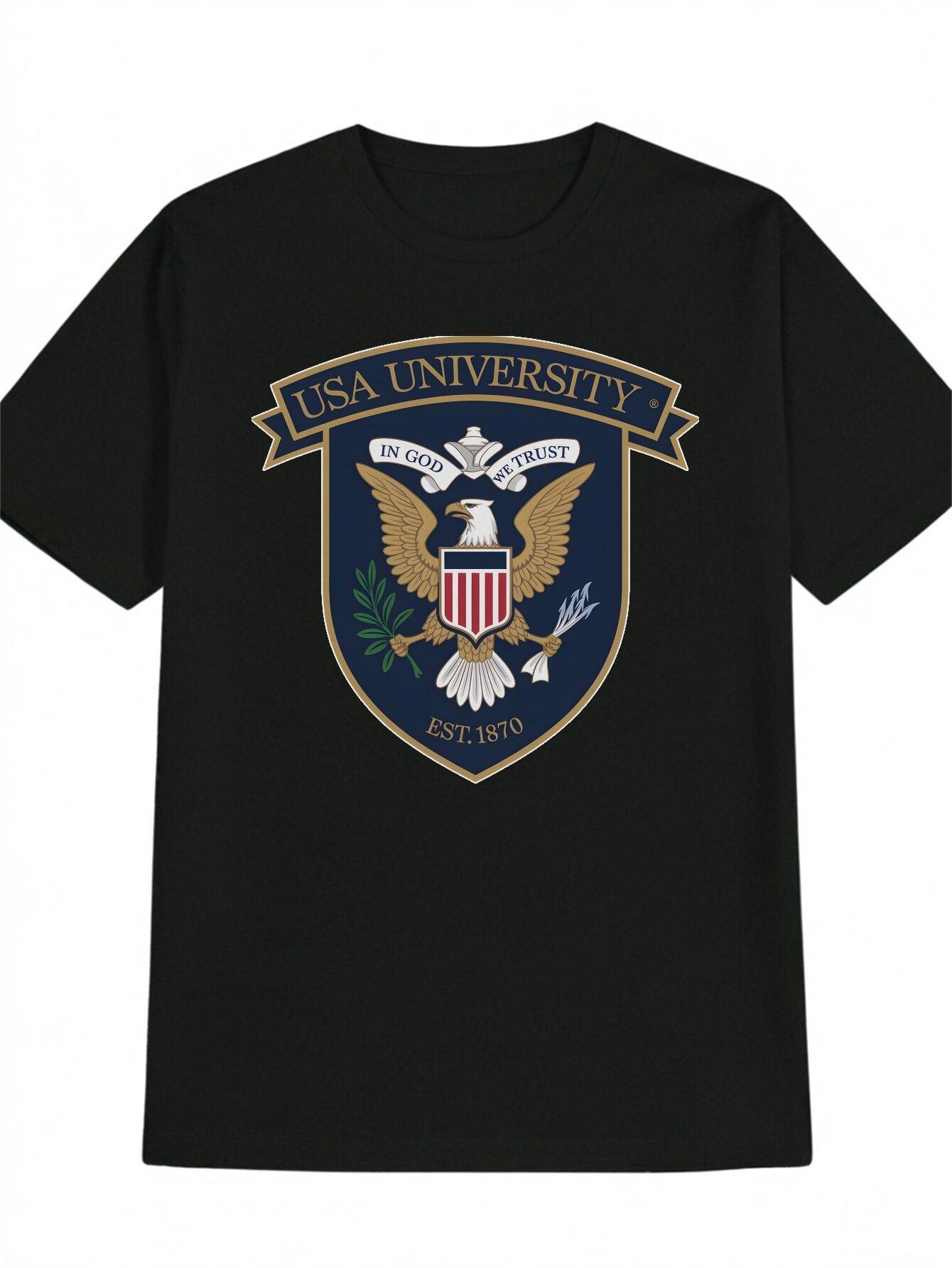 Casual Crew Neck T-shirt with USA University Eagle Emblem - Black Polyester L