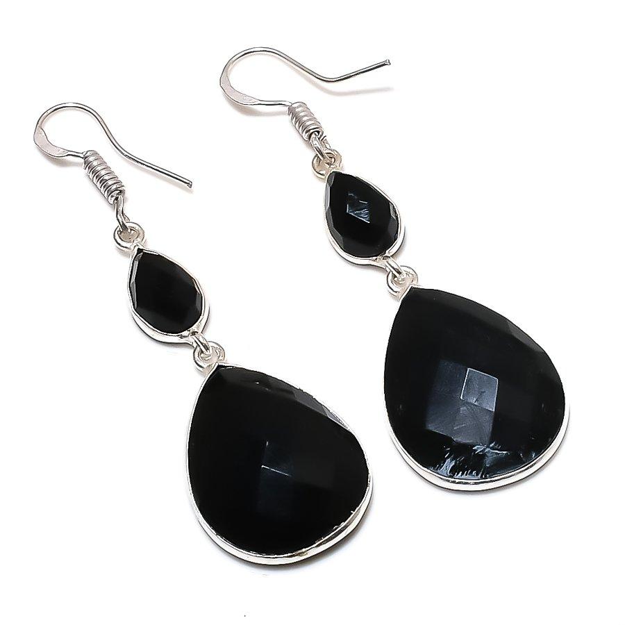 Black Spinel Gemstone Handmade 925 Sterling Silver Jewelry Earring 2.17" GK-3335