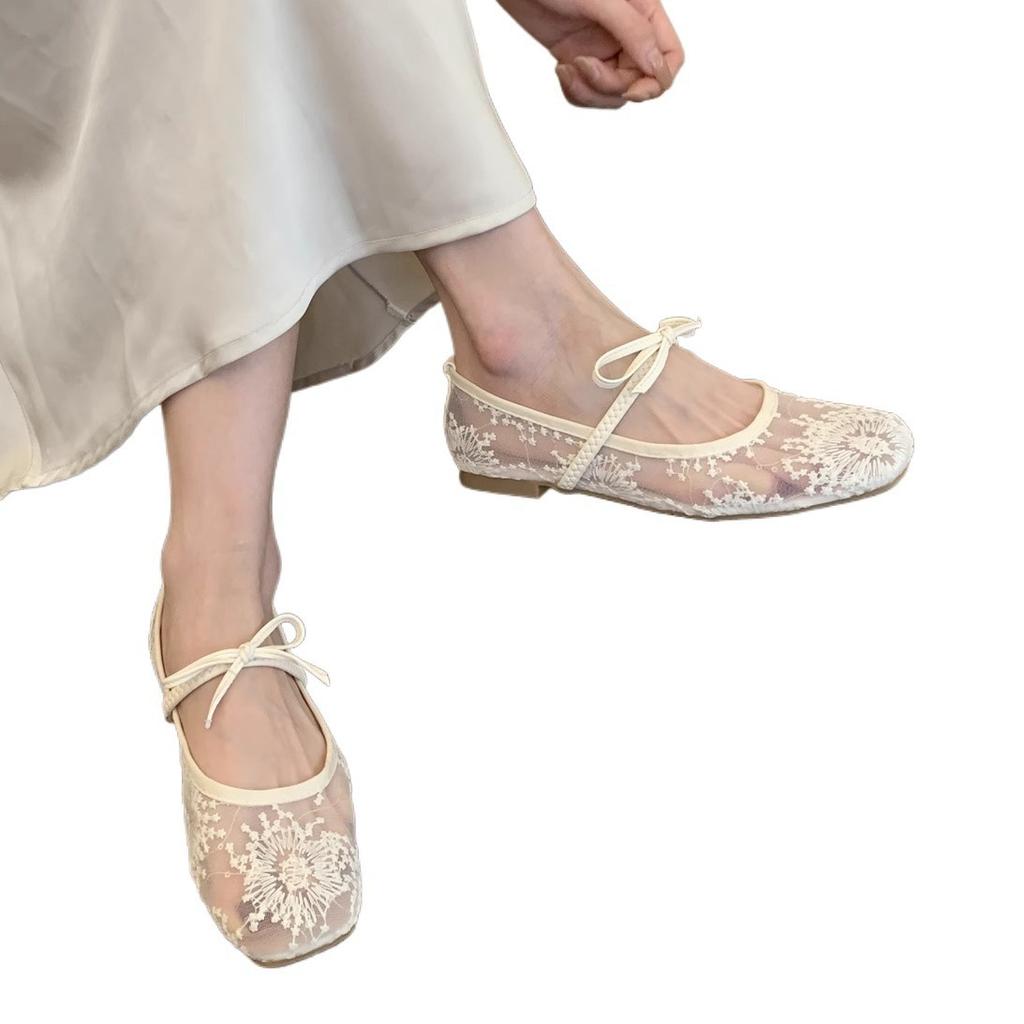 Französischer Ballettstil Mesh bestickt Einzelne Schuhe Damen 2025 Frühling und Sommer neue Modelle mit Röcken, Schleifen, flache Mary Jane Schuhe
