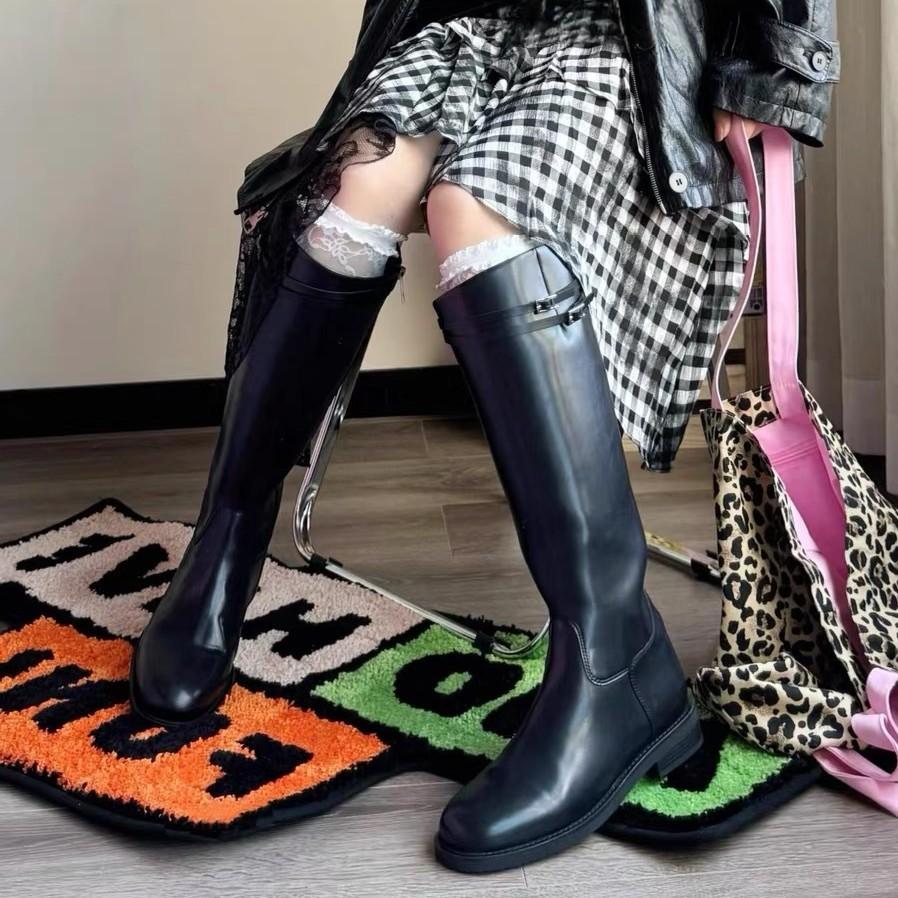 Cowhide version~ Korean version of round head thick heel boots women's 25 years of simple and versatile temperament straight tube side zipper knight b
