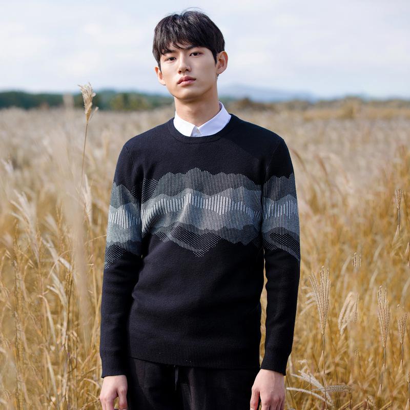 WOOG2005 Plus Velvet Black Jacquard Sweater - Men s Autumn/Winter 2025, Round Neck, Slightly Loose Knitwear. 2XL