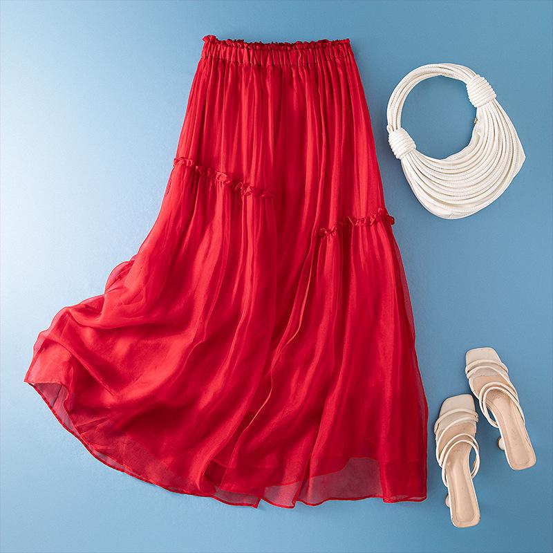 Women's Japanese-Style A-line Silk Skirt with Elastic Waist