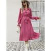 Spring and Autumn Women's Dress Fashion Tie Pleated Long Sleeve Swing Dress