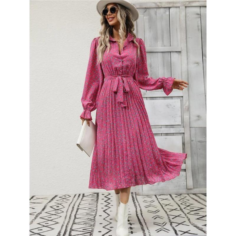 Spring and Autumn Women's Dress Fashion Tie Pleated Long Sleeve Swing Dress