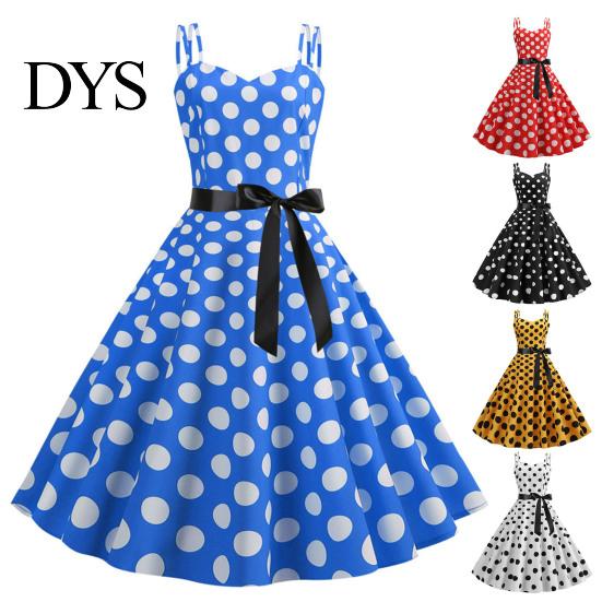 Vinatge 60s Sundress Women Dress Retro A-line Big Swing Tight High Waist Bow Decor Sleeveless V Neck Back Zipper Dot Print Contrast Color Party