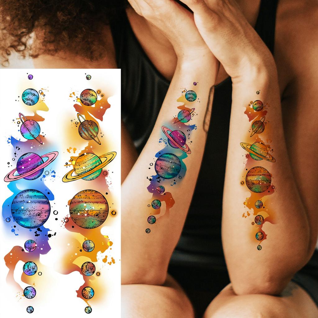 1 Sheet 3D Watercolor Universe Planets Temporary Tattoos For Men Women Long Lasting Waterproof Fake Tattoo Sticker Body Arm Art