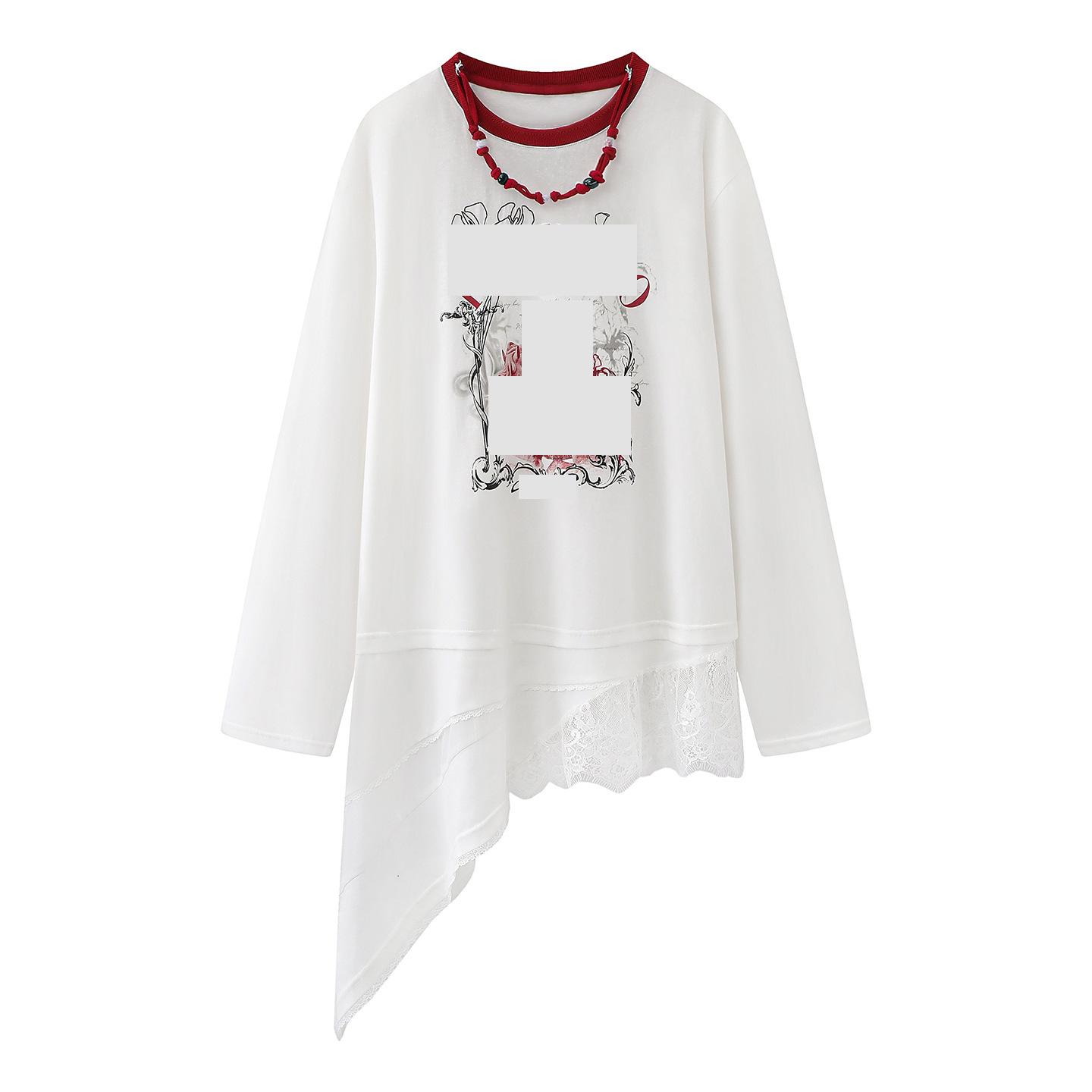 2026 Spring Women s Loose Cartoon & Floral Lace Embroidered T-shirt Medium белый