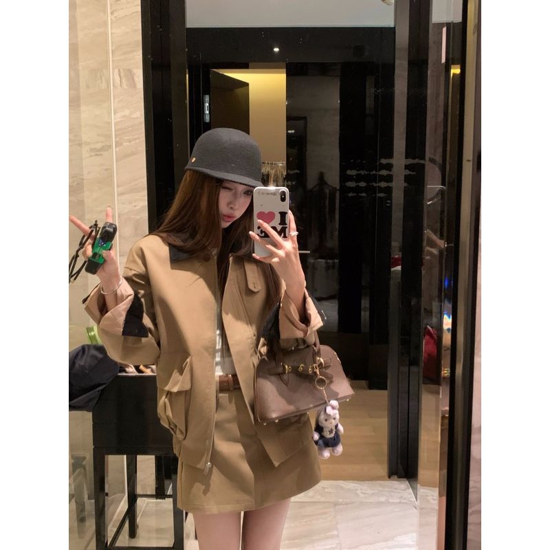 Retro Maillard Set Temperament Lapel Long sleeve Jacket Women Autumn High Waist Skirt Two piece skirt