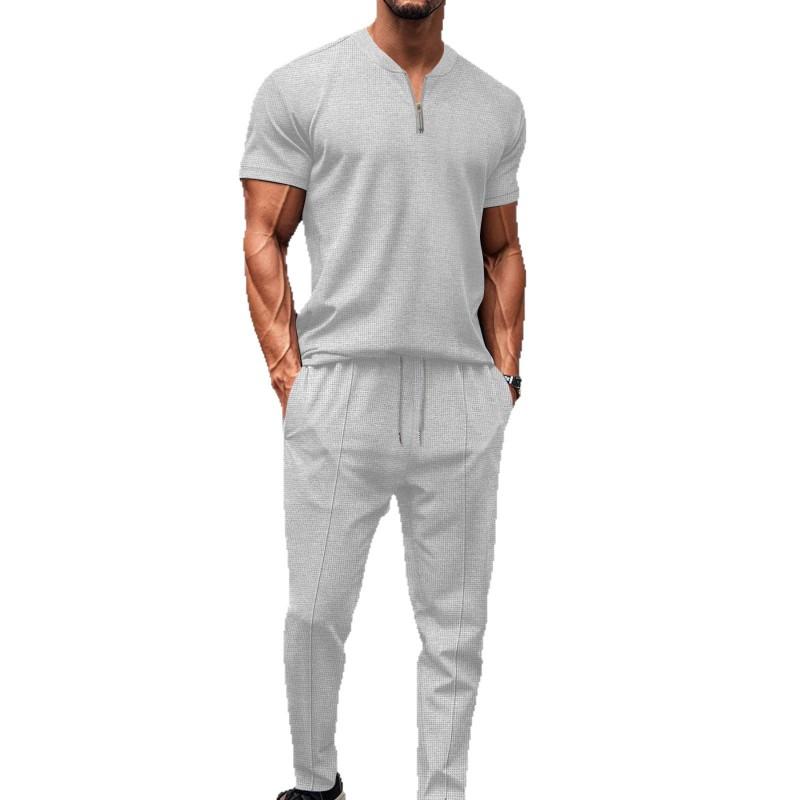 Mens Waffle Knit Stand Collar Zipper Short Sleeve Top Long Pants Set Casual Outfit