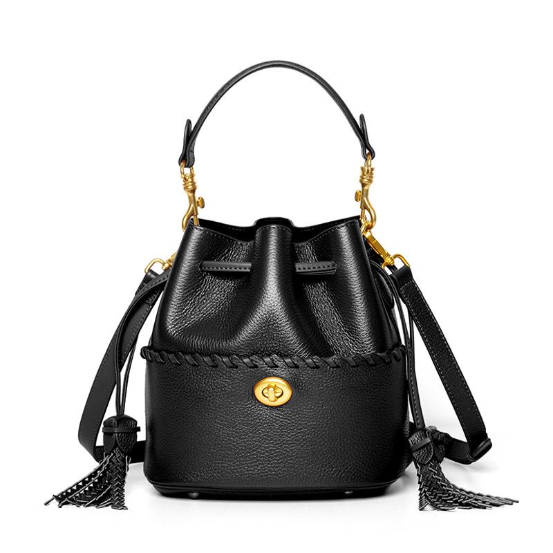 Erste Schicht Rindsleder Personalisierte Bucket Schulter Messenger Bag Mode Kordelzugtasche Echtes Leder Handtasche Damen