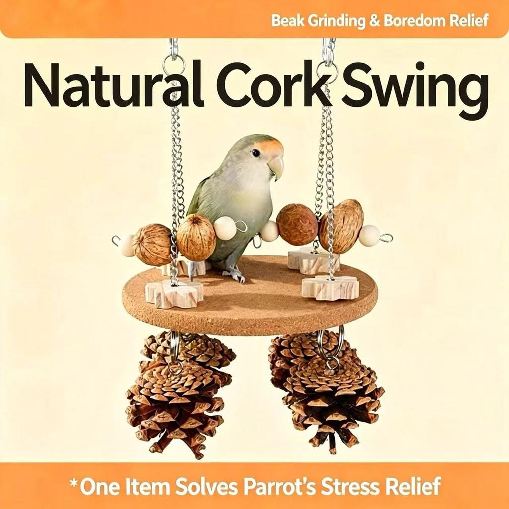 Natural Cork Pine Cone Parrot Swing Toy with Stainless Steel Hardware Hanging Wooden Perch Chew Stand Eases Anxiety for Budgie