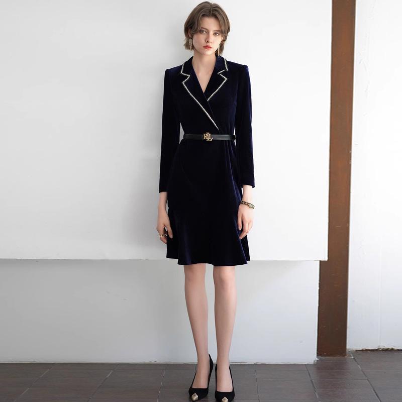 

2024 Early Autumn Navy Velvet Women s Formal Ruffle Dress with Long Sleeves XL