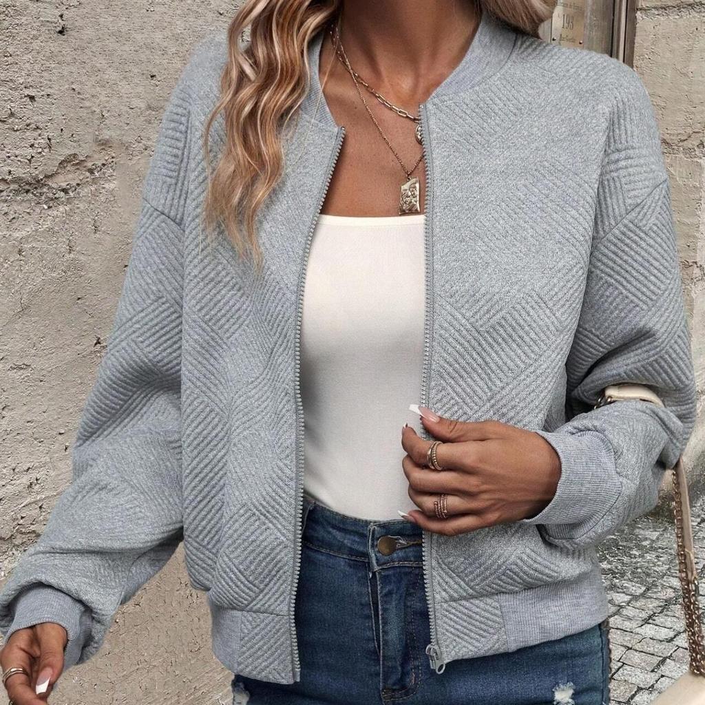 סתיו חורף מעיל רוכסן בצבע אחיד צווארון בייסבול מעיל מזדמן לנשים מעילים ומעילים עם שרוולים ארוכים