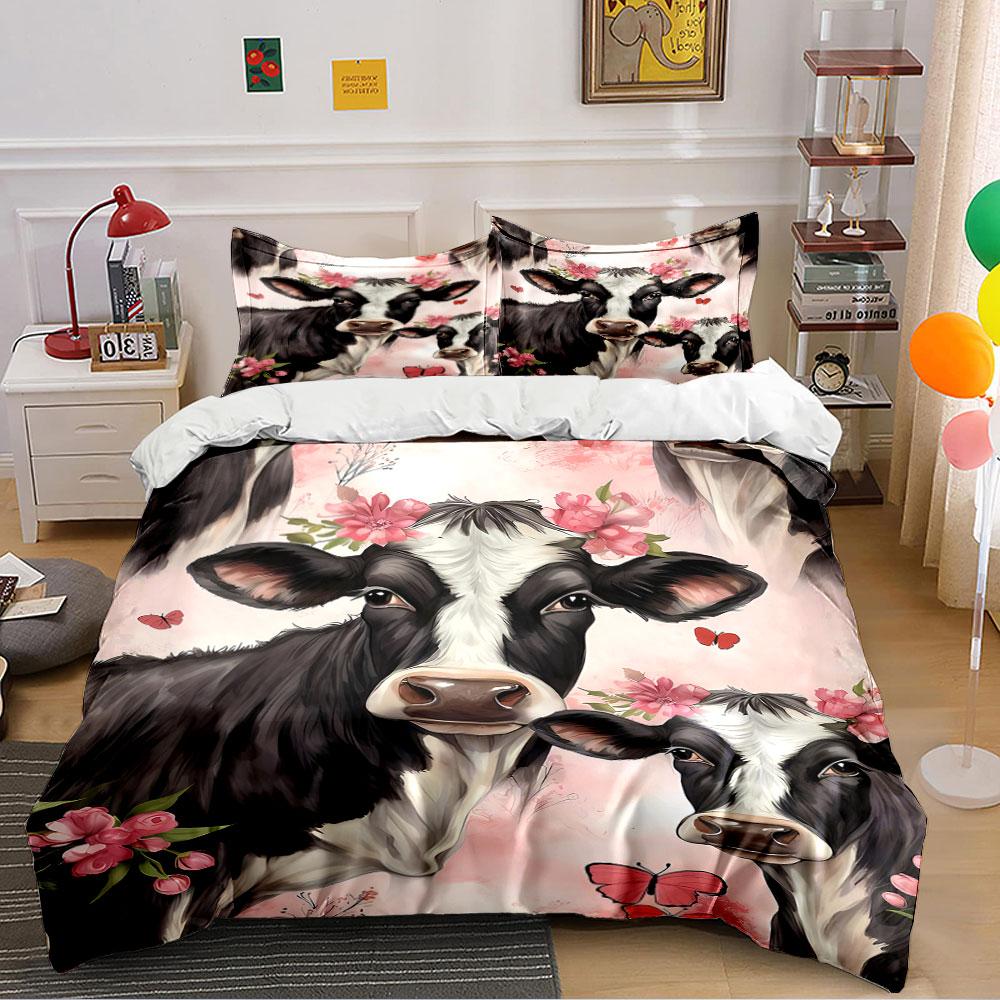 Cow Pattern with Flowers and Butterflies Bedding Duvet Cover Set (1*Duvet Cover 2*Pillowcases, without duvet insert)