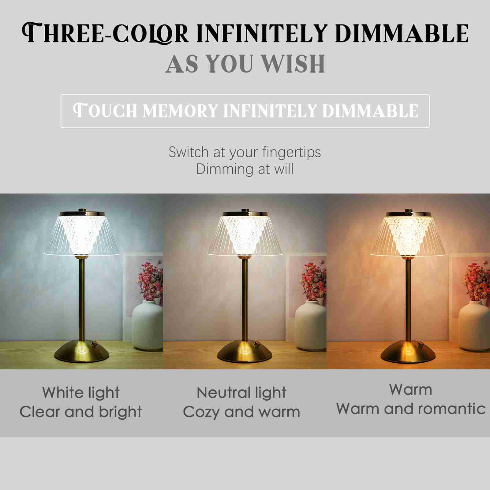 

LED Crystal Table Lamp Bedroom Study Room Rechargeable Night Lamp Bar Hotel Restaurant Decorative Ambient Lamp Touch Three Color білий