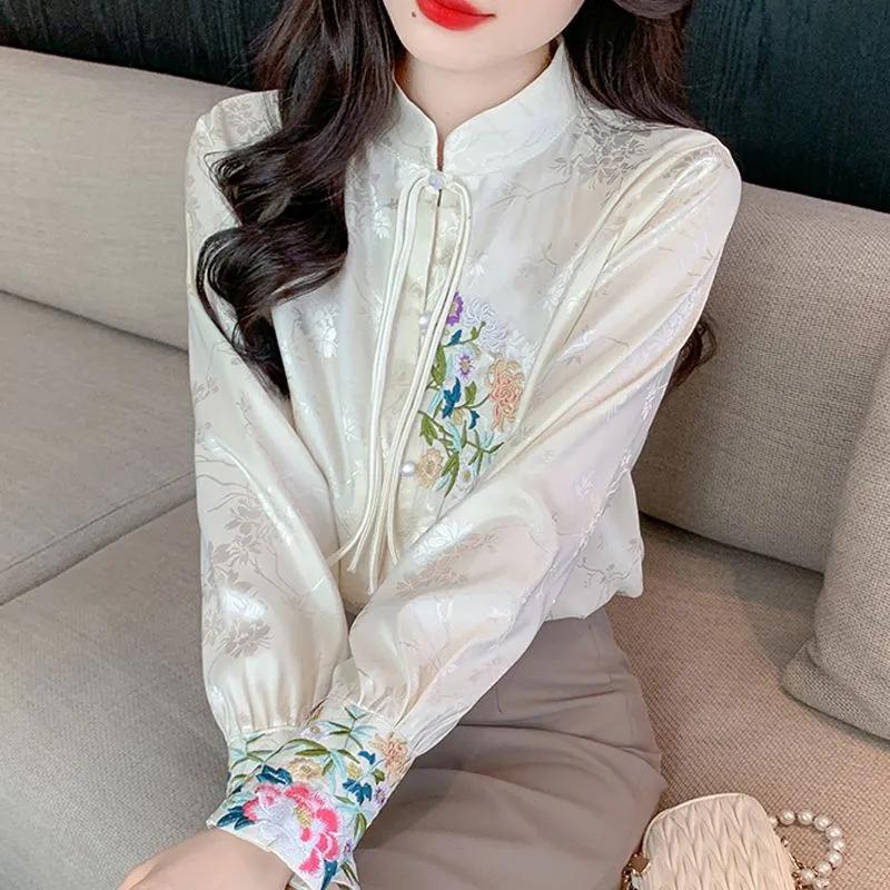 Women's Chinese Style Floral Embroidery Stand Collar Blouse