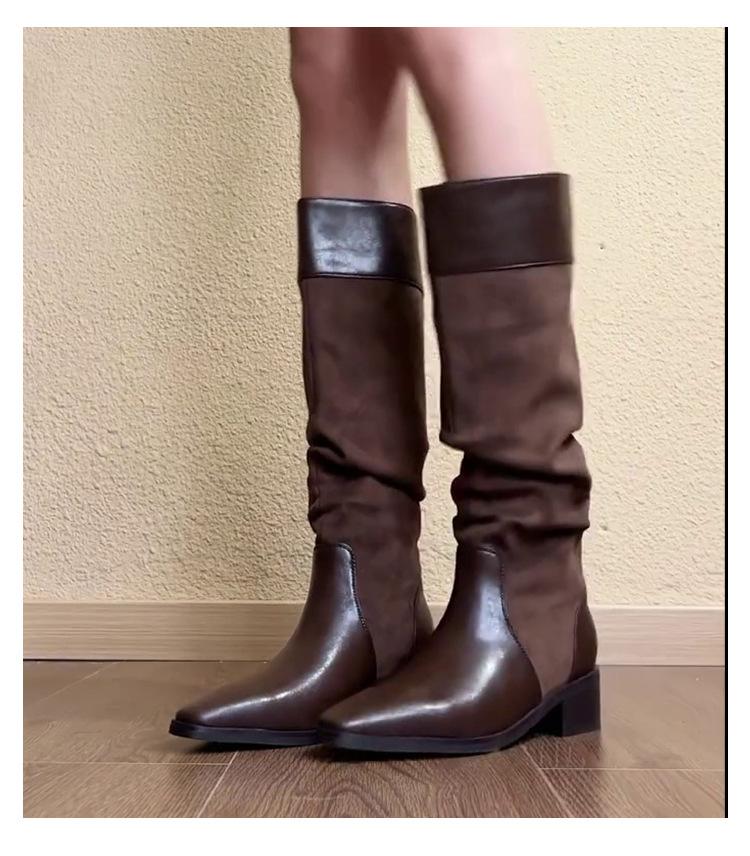Huge and Thin~ 2025 Autumn New Splicing Two-color Pointed Pleated French Retro Knight Boots High Boots Women