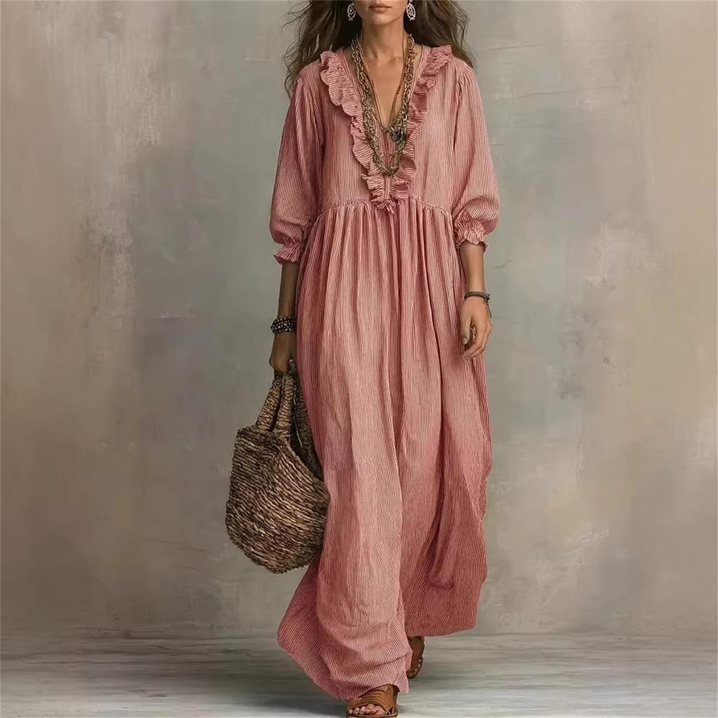 Women’s Loose Fit Maxi Dress with Long Sleeves V Neck Ruffle Lightweight Flowy Casual Style for Everyday Wear
