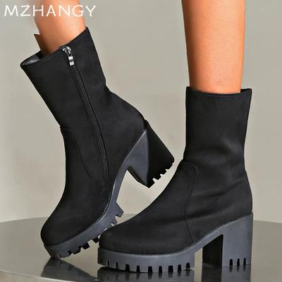 Mode High Heels Wildleder Stiefeletten Mode Klobige Schuhe Frau 2024 Trend Pumps Schneestiefel Winter Wandern Neue Motorradstiefel Mujer