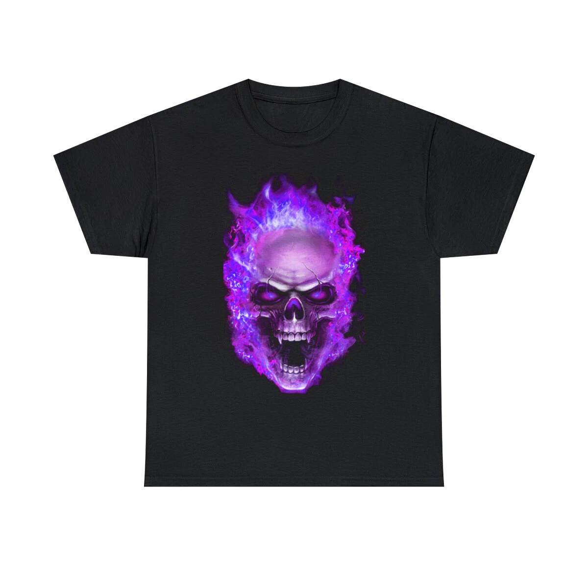 Flaming Demon Skull Purple Short Sleeve Tee L