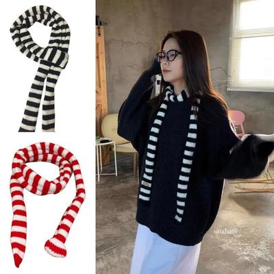 Striped Scarf Long Tie Scarf Women Cotton Scarves Thin And Narrow Scarf Harajuku Striped Knitted Scarves Girl's Neck Warmer New