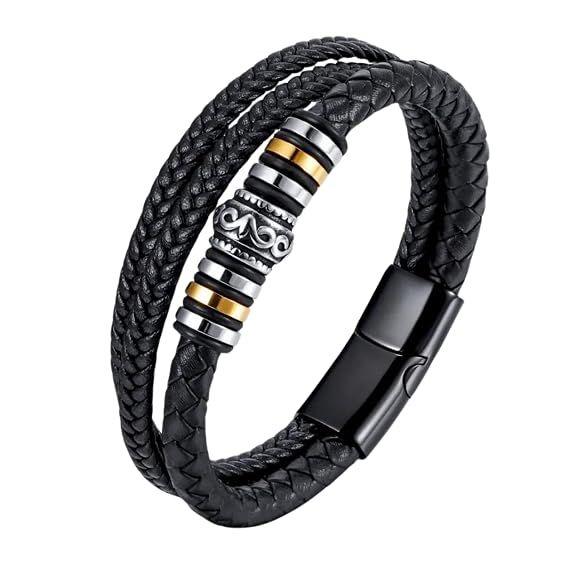 Anti Tarnish Stavros Stainless Steel Leather Black Bracelet for Men | Hand Bands for Boys | Wrist Bracelets for Man | Fashion Jewellery Accessories |