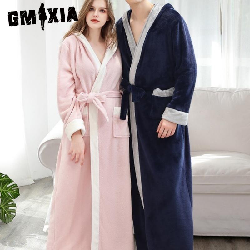 

GMXIA Autumn and Winter Flannel Bathrobes, Hooded Bathrobes, Coral Fleece Men s Thickened and Lengthened Couple Bathrobes for Women XL