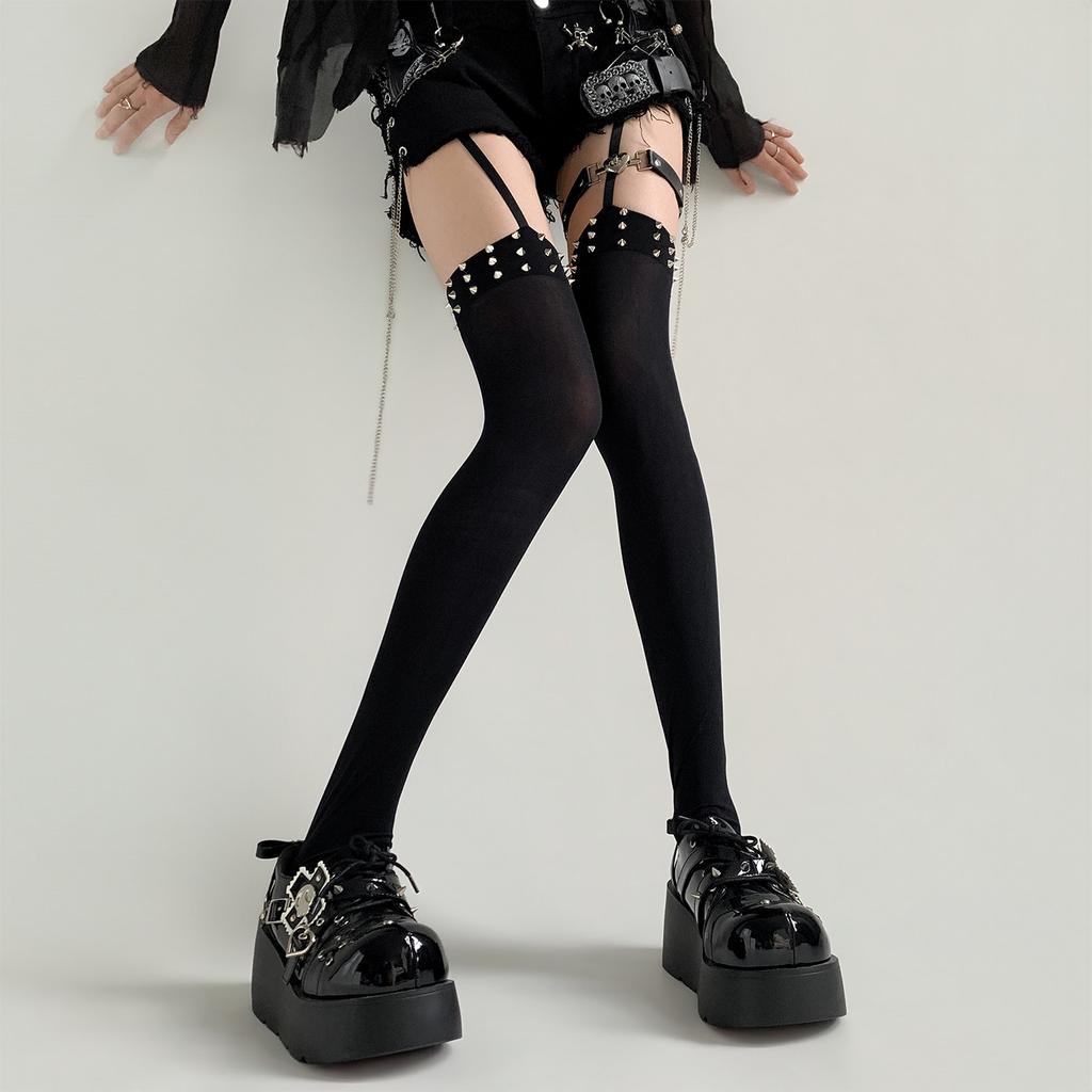 Summer Sexy Rivet Punk Suspender Stockings Y2K Shibuya Girl Black Silk Stockings Cosplay Women'S Long Stockings