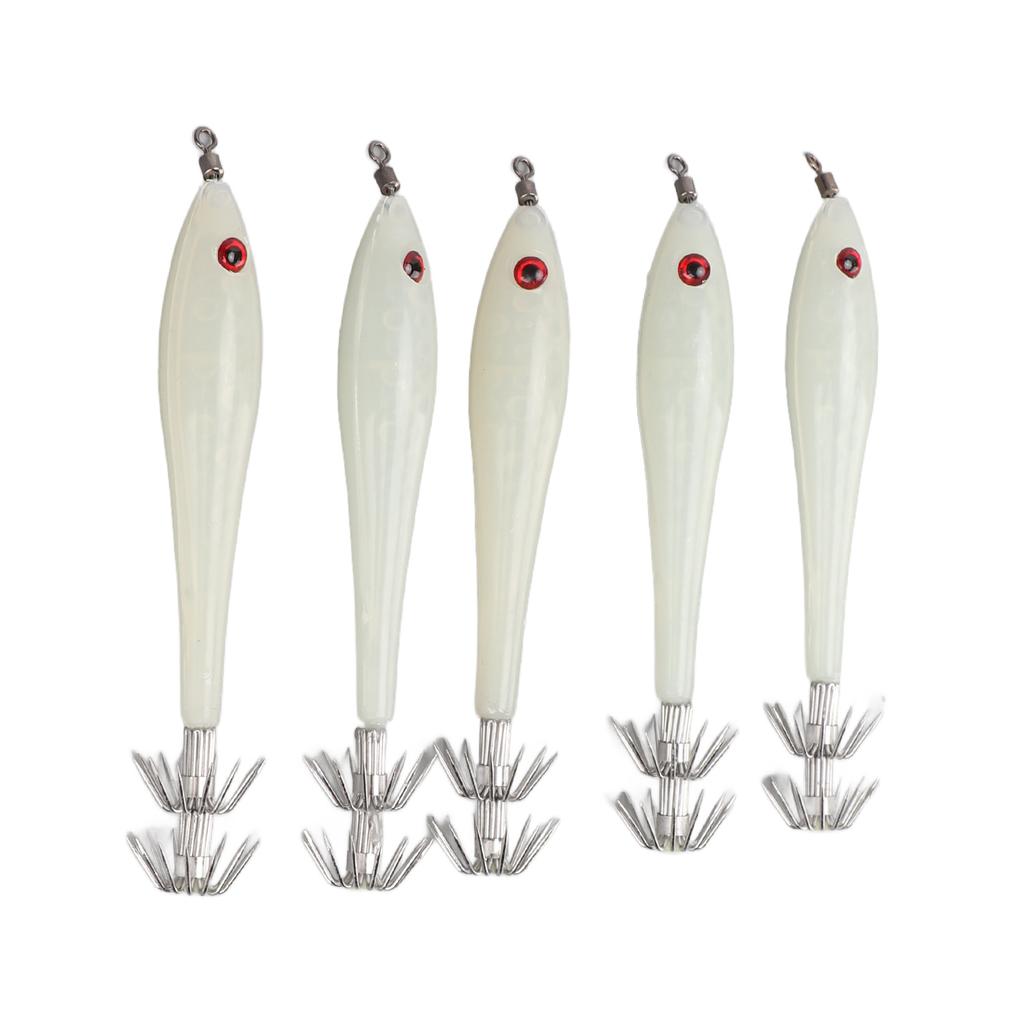 5PCS Hard Fishing Lure Simulation Squid False Bait Hooks Artificial Squid Double Hook JigLuminous White