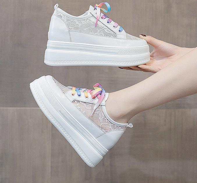 8cm Lace Air Mesh Chunky Sneakers Wedge Platform Breathable Hollow Vulcanized Summer Spring Fashion Cow Genuine Leather Ladies