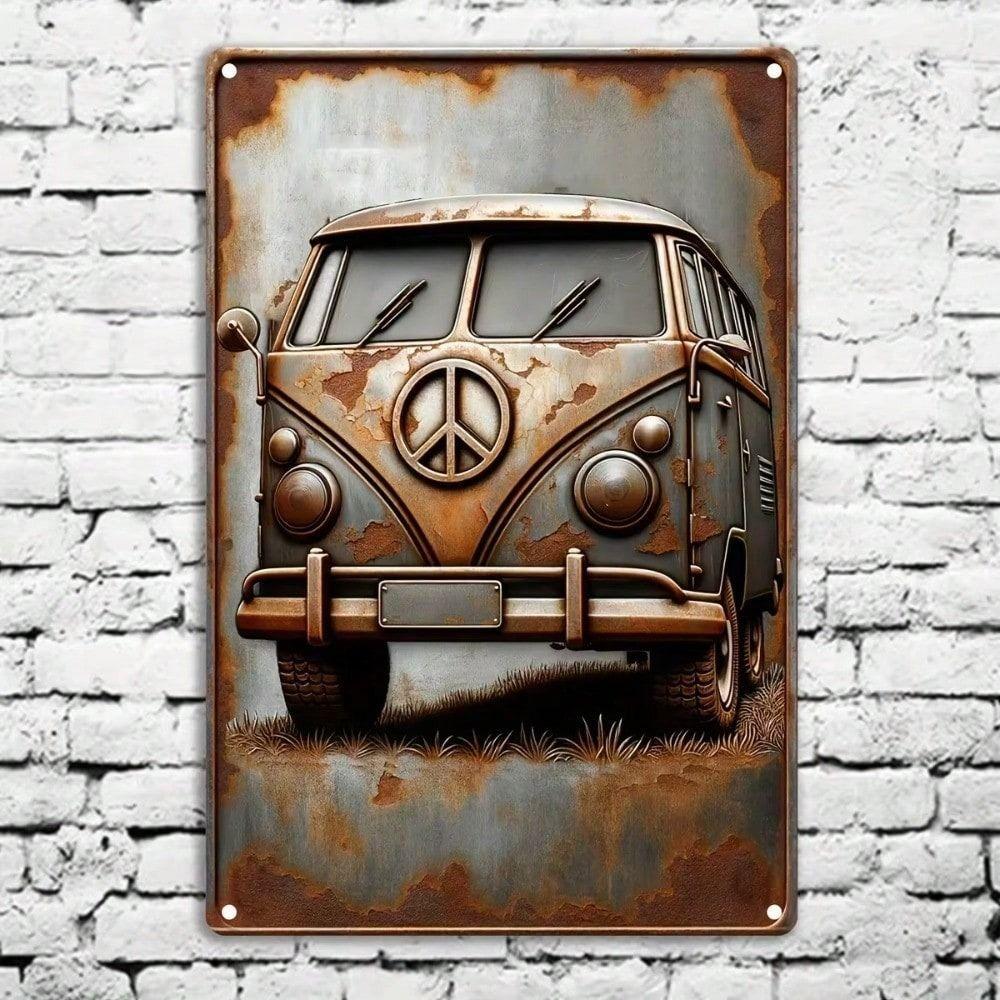 Letrero Metálico de Furgoneta Camper Vintage Decoración de Pared Símbolo de la Paz Póster de Aluminio