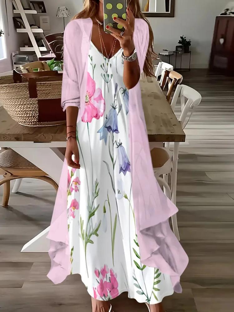 

Элегантное макси-платье с цветочным принтом и бабочками, с длинным кардиганом, женское платье в стиле бохо-шик, повседневное летнее платье 4XL