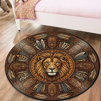 Retro Mandala Lion Round Area Rug,Carpet Rug for Living Room Bedroom Sofa Playroom Decor,Non-slip Floor Mat Q0037