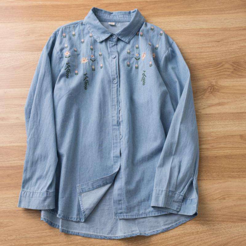 Haftowana koszula z długim rękawem z spranego dżinsu, damska, wiosenna i jesienna, uroczy jednorzędowy kardigan z dżinsu