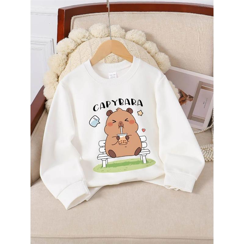 European sizes Crewneck Sweatshirt for Kids Featuring a Capybara Enjoying Bubble Tea While Sitting on a Bench. Perfect for Sports And Casual Outings