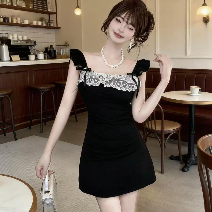 

French Spice Girl Lace Splicing Dress Summer Bow Skinny Waist Pure Desire Short Skirt Celebrity A Word Skirt S чёрный