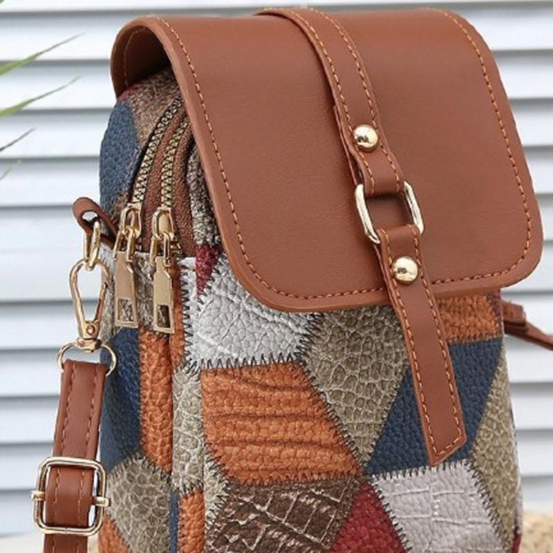 Retro Contrasting Color Women'S Bag Multi-Layer Practical Small Crossbody Bag Diamond Splicing Phone Bag Shoulder Bag