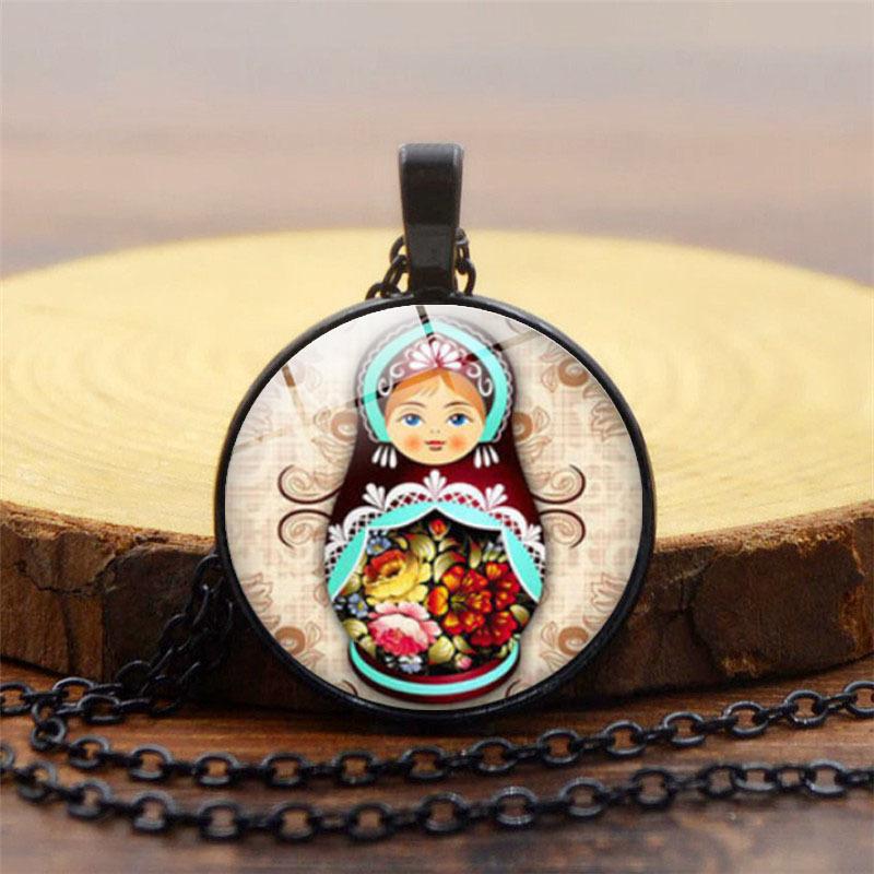 Russian Doll Time Gem Pendant Necklace for Women, Alloy Cross Chain Fashion Jewelry Unique Design чёрный