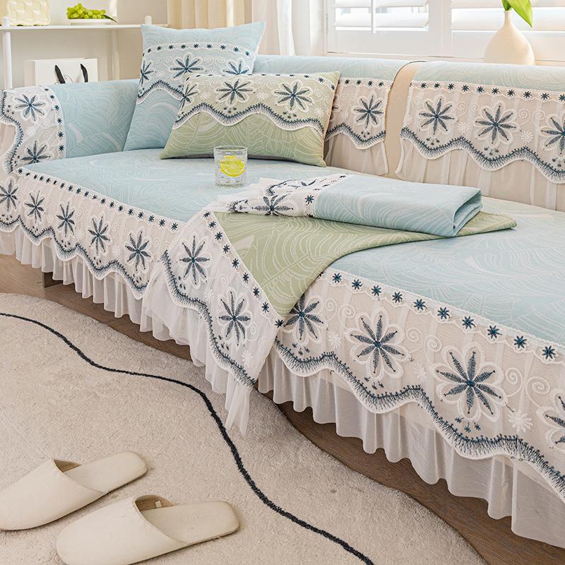 Summer Ice Silk Sofa Cushion Non-Slip Dustproof Cool Cushion Summer Simple Design Vintage Printed Sofa Cover Cover Cloth