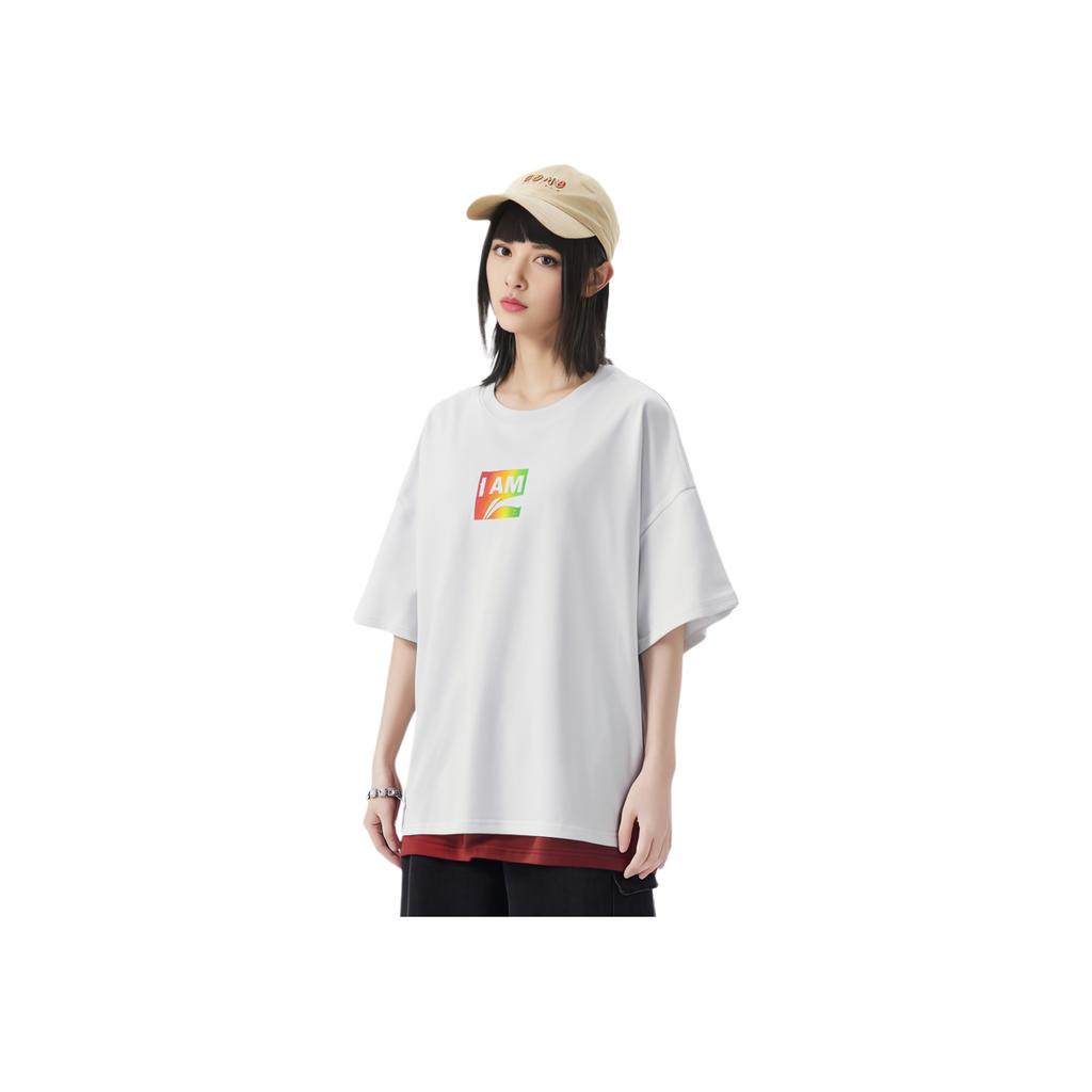 Li Ning Sports Fashion Series Letter Print Loose Round Neck Short Sleeve T-Shirt Women Tops White AHSP216-4