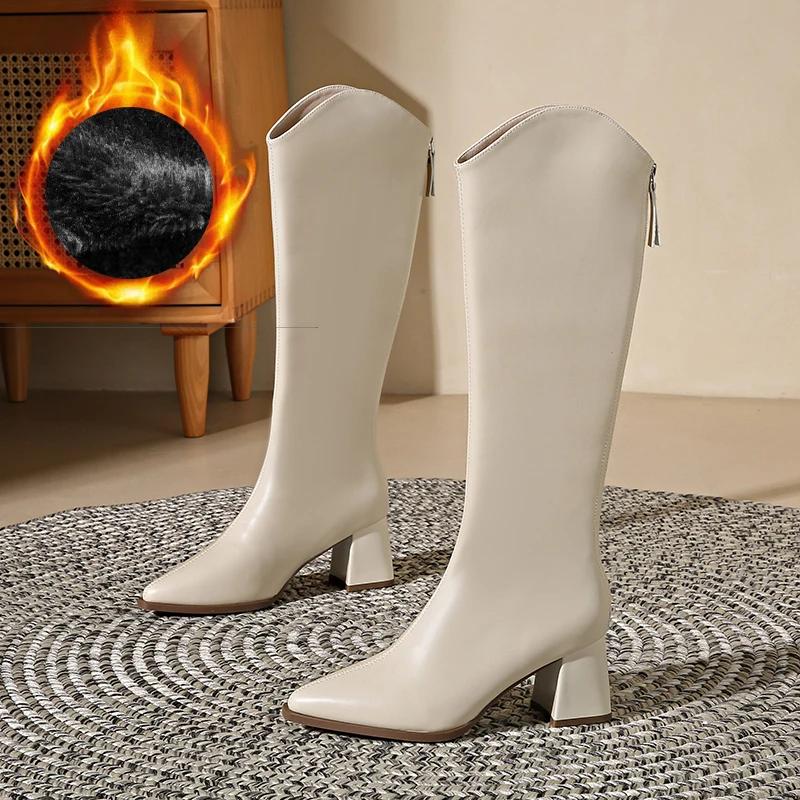 Fashion 2025 New Autumn Winter Keep Warm Fur Women Knee High Boots Fashion Pointed Toe Shoes Thick Heel Ladies Knight Long Booties