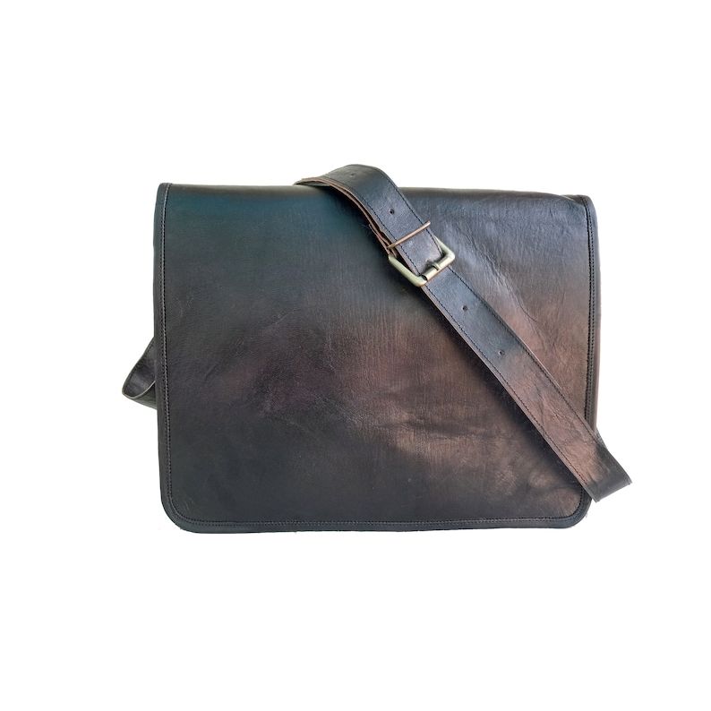 Handmade Black Leather Crossbody Bag: Laptop Messenger Satchel