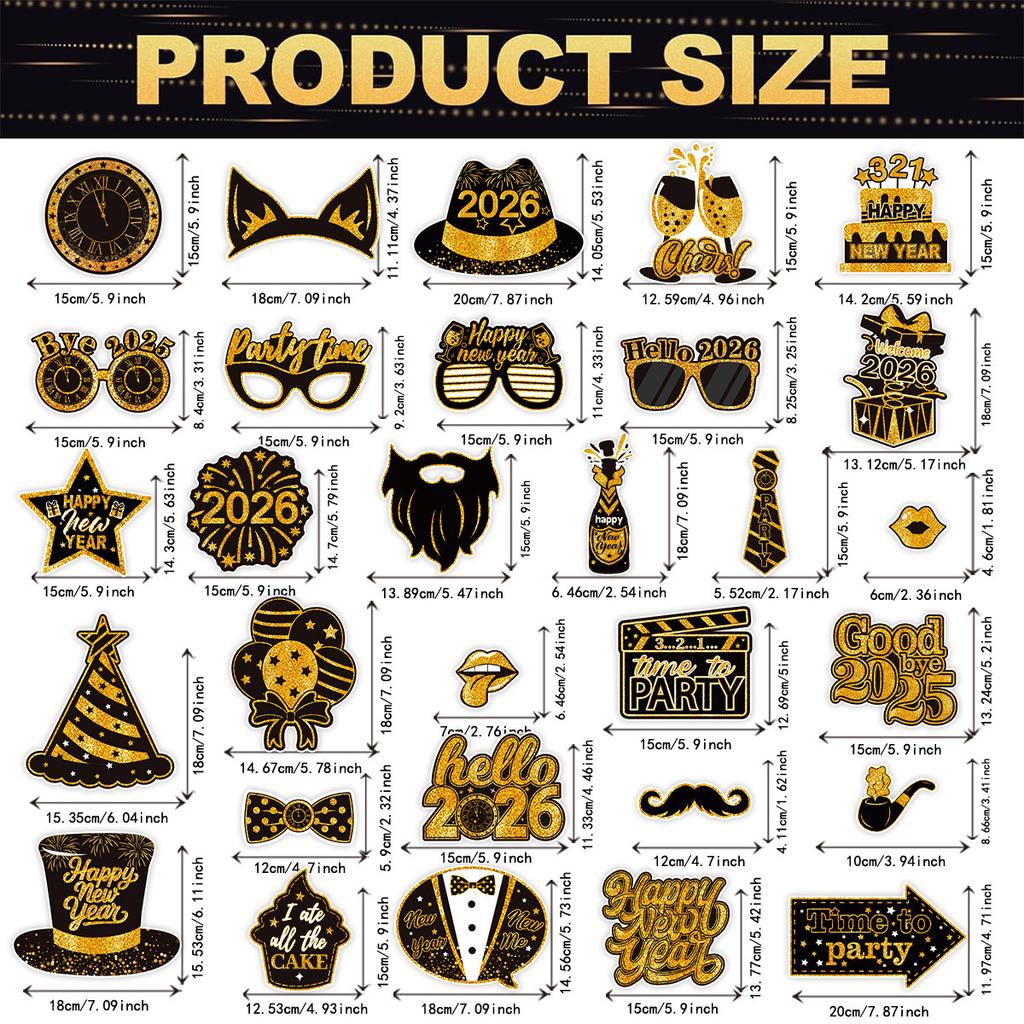 Photo Booth Props Black Gold Selfie Frame 2026 New Year Decorations Fun Party Photo Props Set For New Year Parties Family Photos