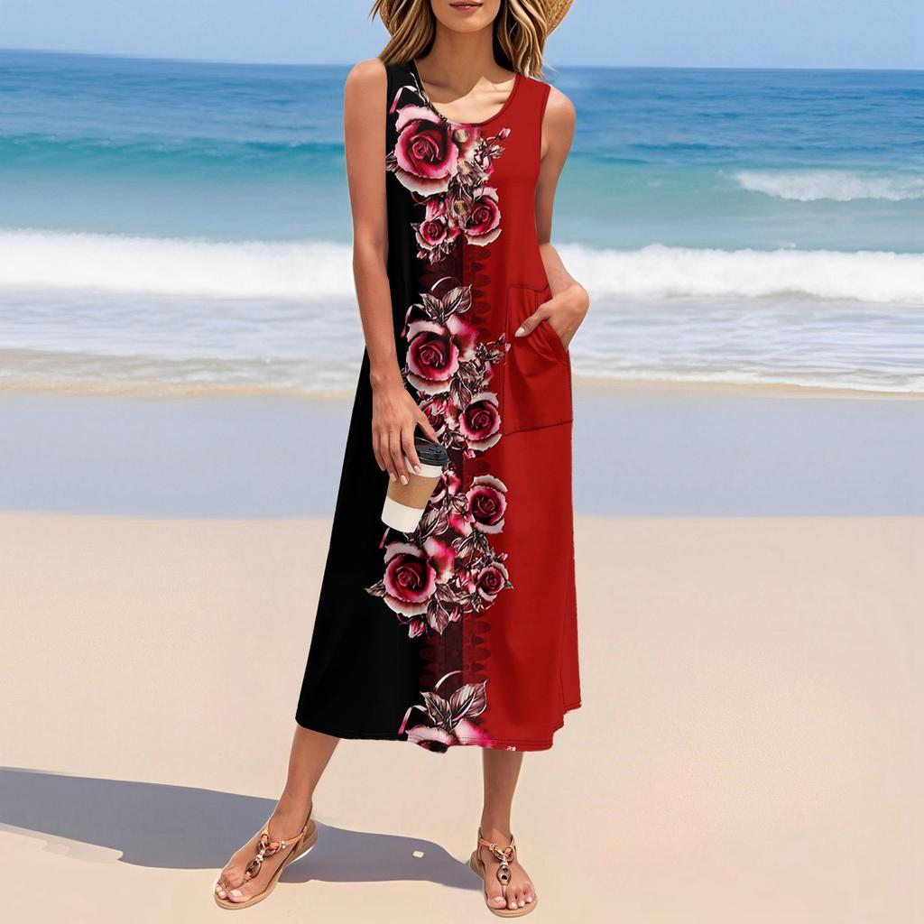Women's Summer Floral Print Dress Sleeveless Button Down Casual Loose Long Beach Sundress