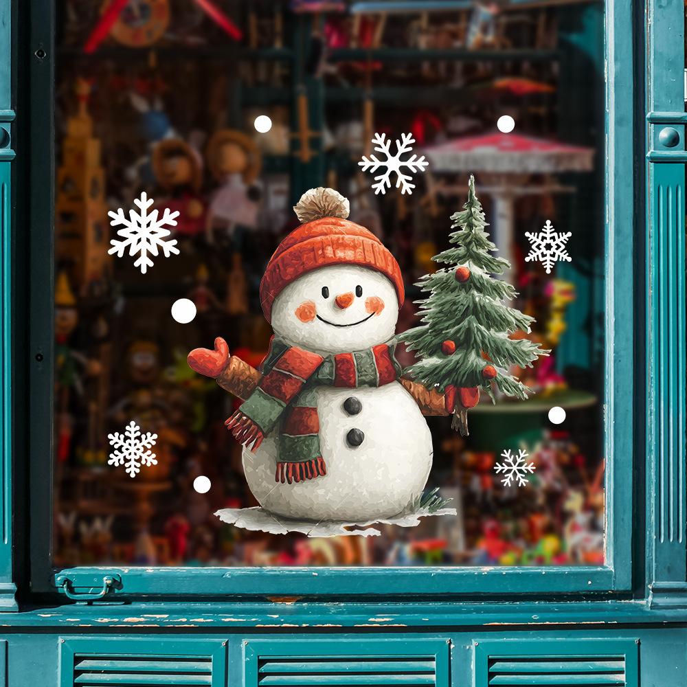 Cartoon Snowman and Christmas Tree Home Glass Window Beautification Stickers
