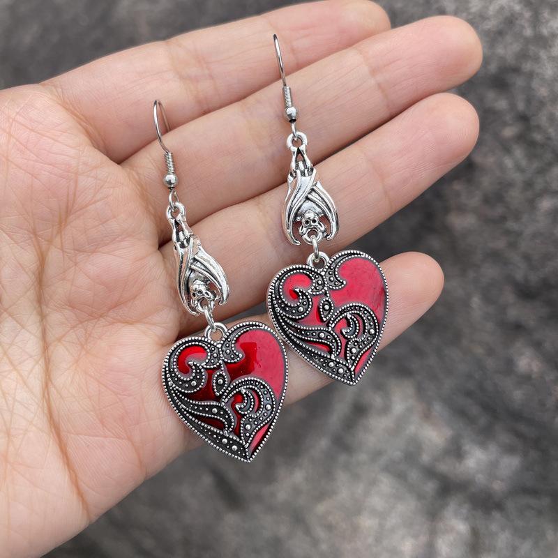 Women's Gothic Bat & Heart Drip Oil Alloy Earrings - Dark European & American Style for Christmas & Halloween