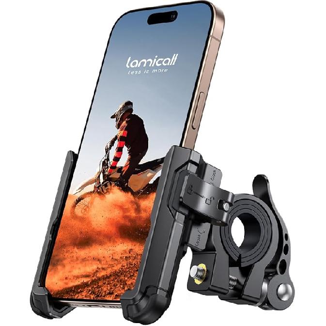 Lamicall Motorcycle Bike Phone Mount - [No Block Camera] [1S Lock] Bike Cell Phone Holder Clamp, Bicycle Scooter Handlebar Clip, For IPhone 17 16 15